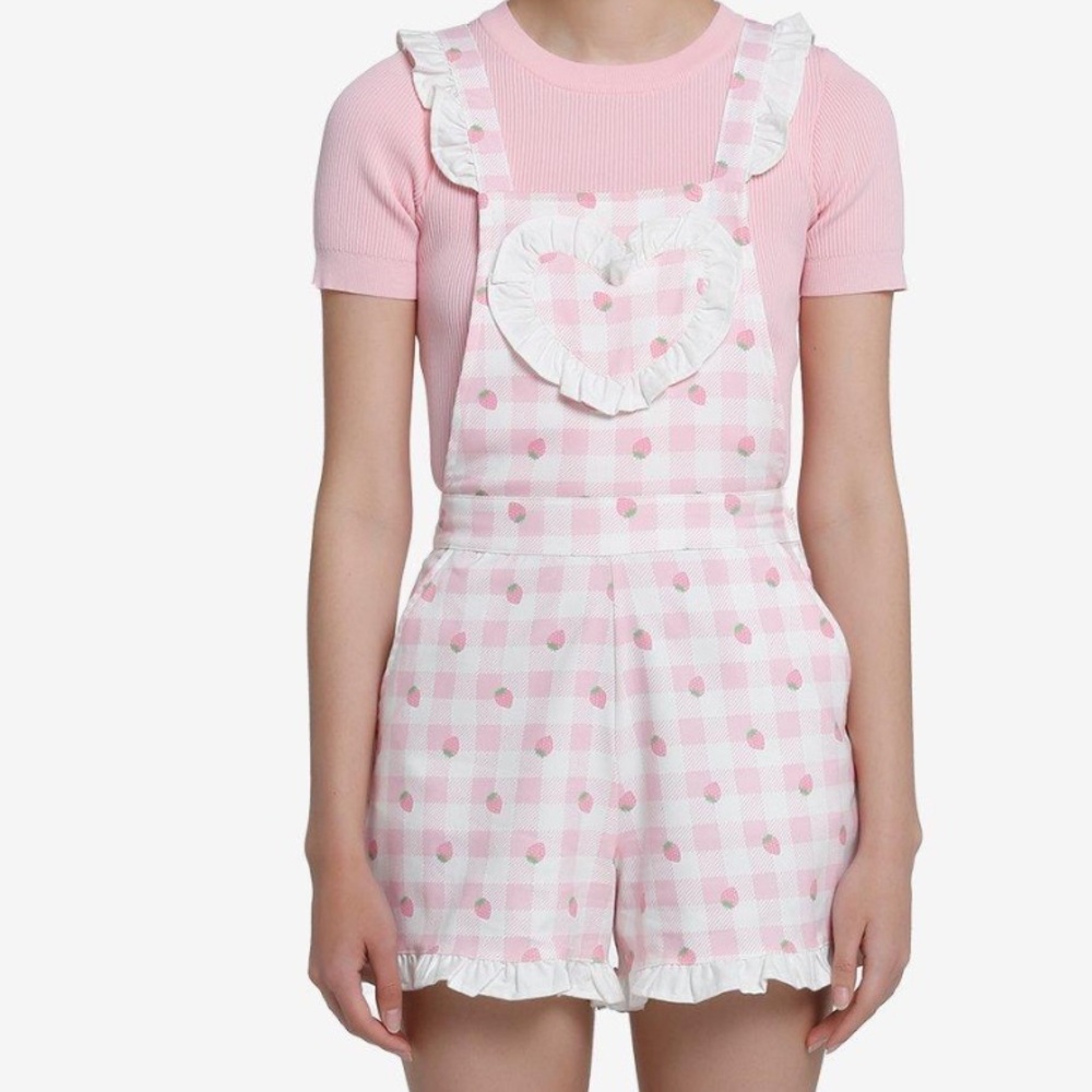 Sweet Society Strawberry Gingham Ruffle Shortalls Hot Topic